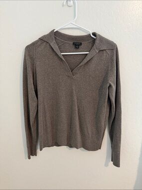 Ann Taylor Factory Taupe Brown V-Neck Collared Sweater